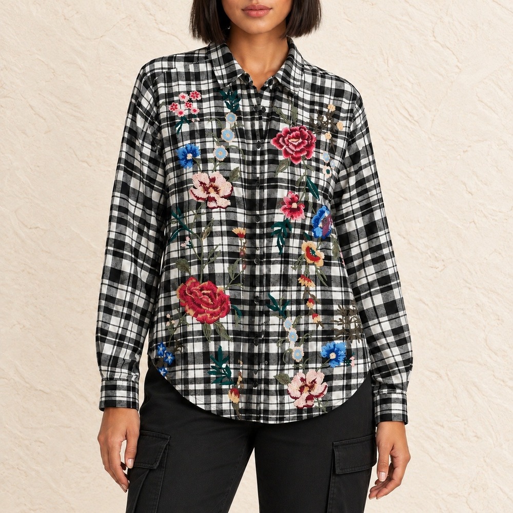 Johnny Was Mila Oversized Shirt Black White Plaid Floral Embroidered Large L